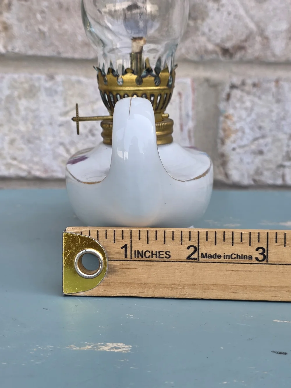Vintage Made in Japan Miniature Porcelain Oil Lamp with Glass Chimney